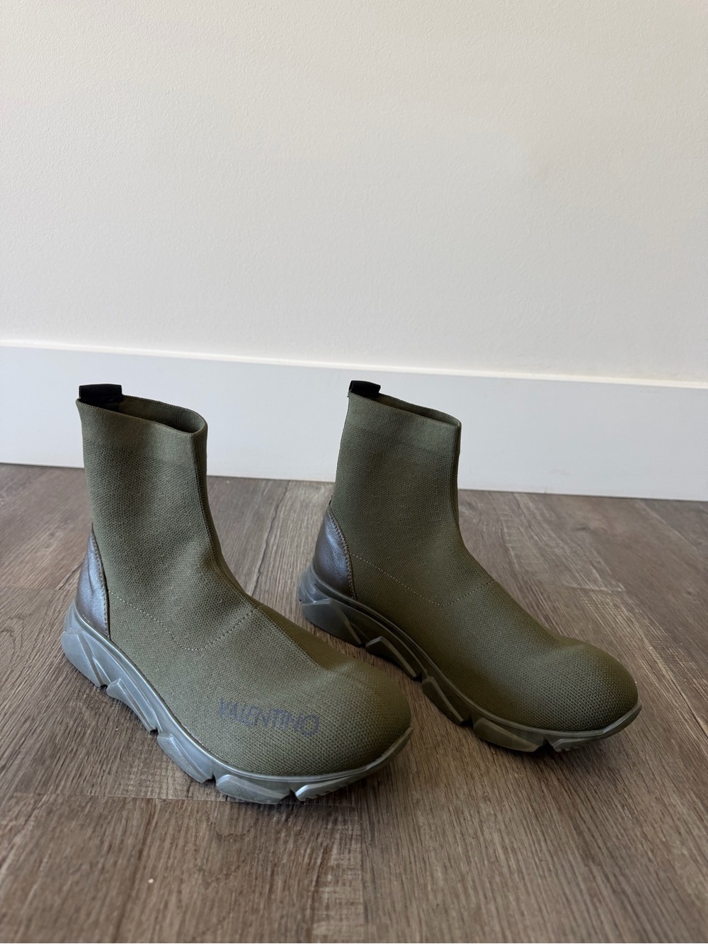Valentino Olive Green Knit Sock Boot with Chunky Sole